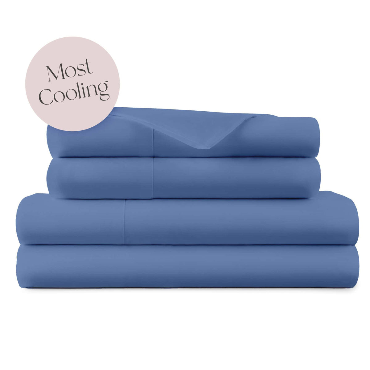 Stack of four blue percale sheets with a pink 'Most Cooling' badge on white background