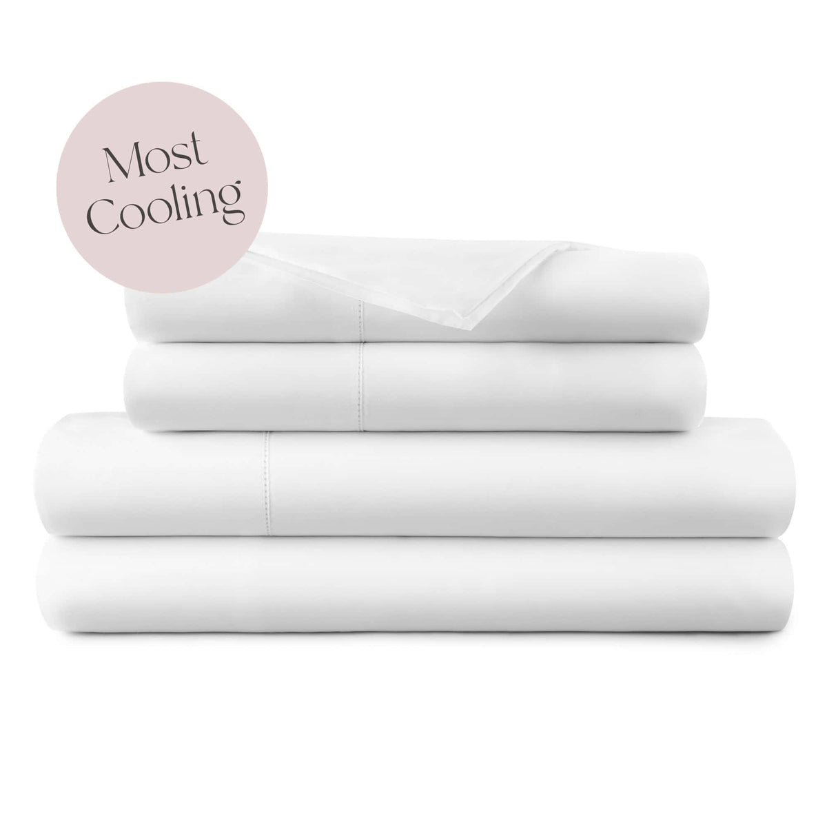 Stacked white percale sheets with pale pink 'Most Cooling' badge on clean background