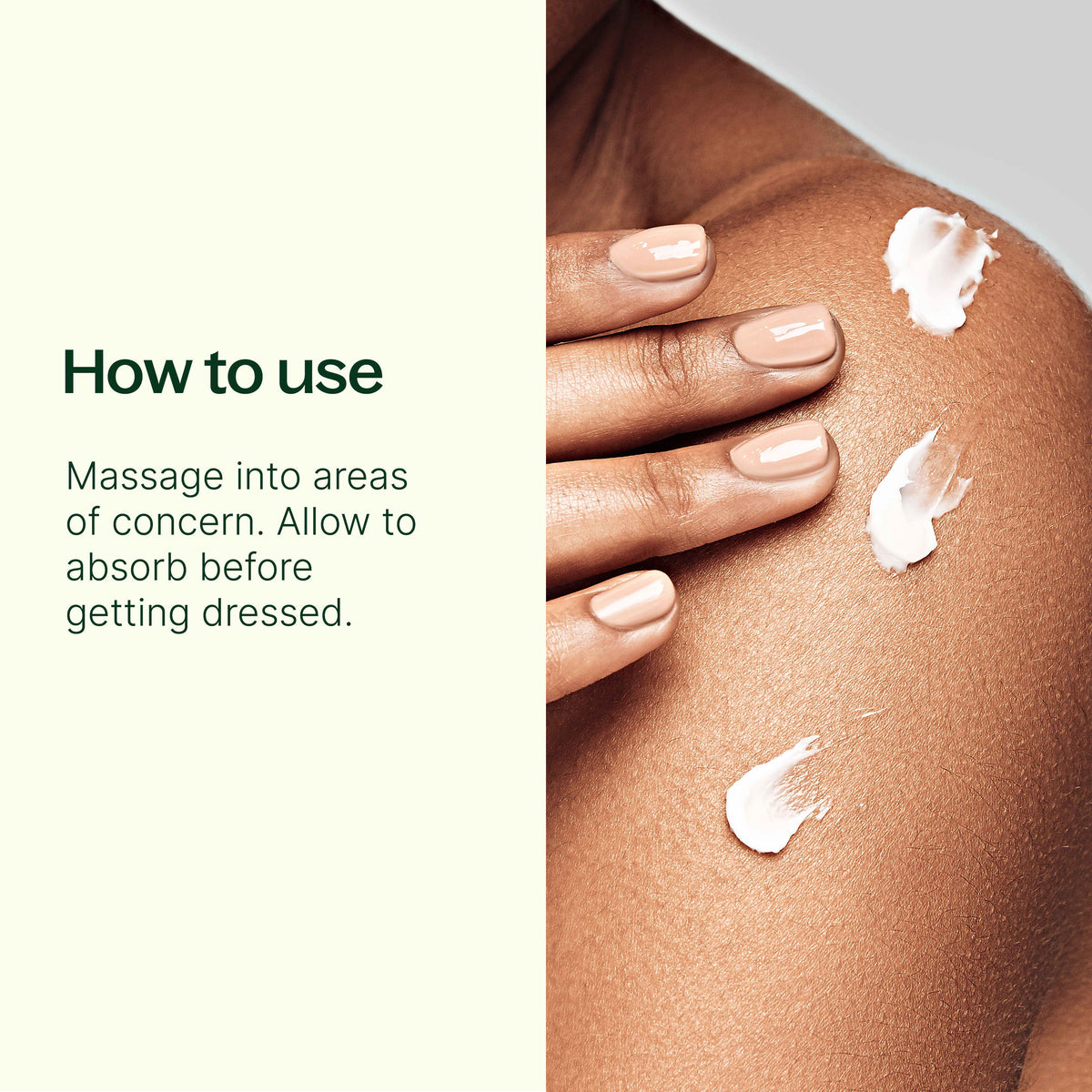 Hand applying thick white lotion to shoulder next to usage instructions text