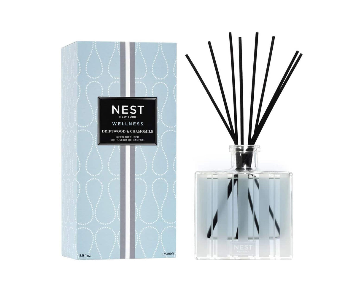 Front view of NEST New York Wellness driftwood chamomile diffuser box showing black label and white text details