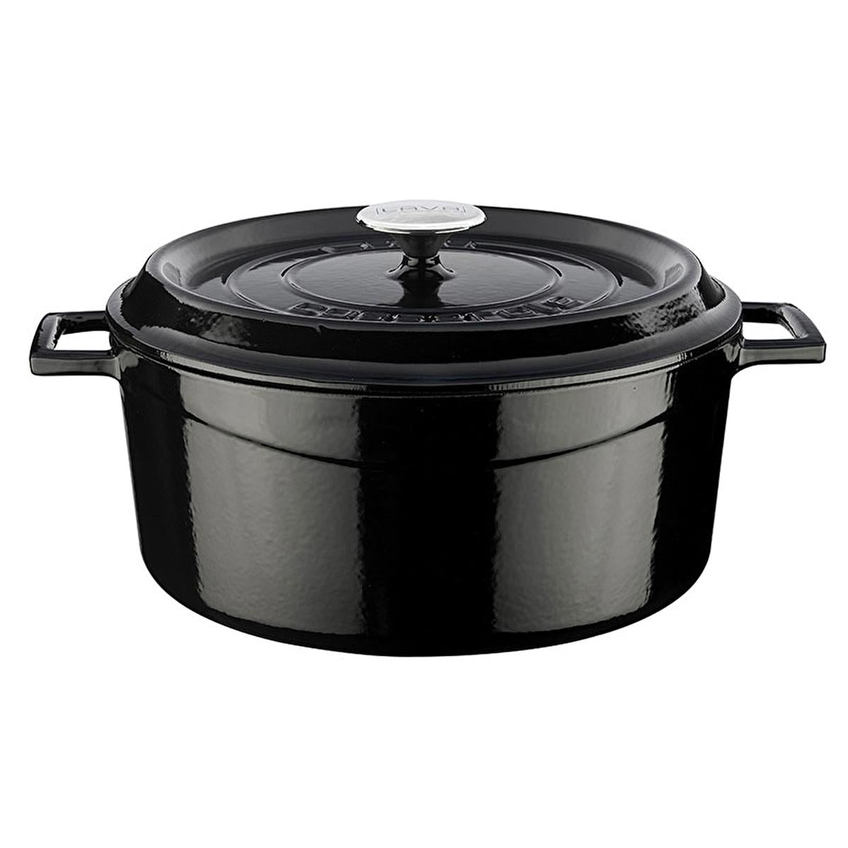Closed 28cm black enameled casserole with reflective surface, loop handles, and silver knob on white background