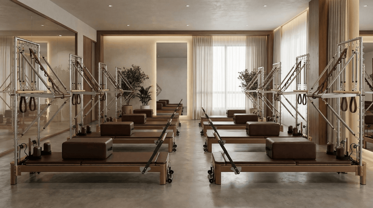 Two silver aluminum Queen Pilates reformers with towers and brown leather upholstery arranged in a studio with wood accents