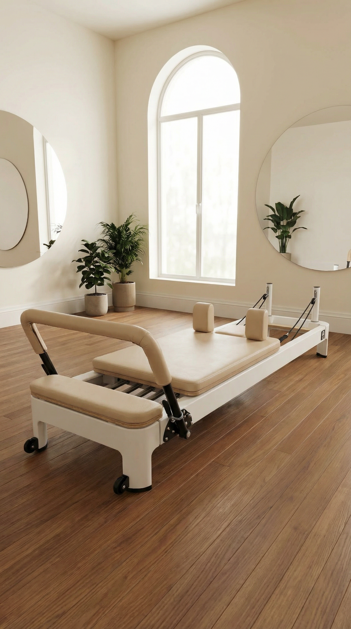 Beige reformer in elegant room with wood floors showing padded footbar details