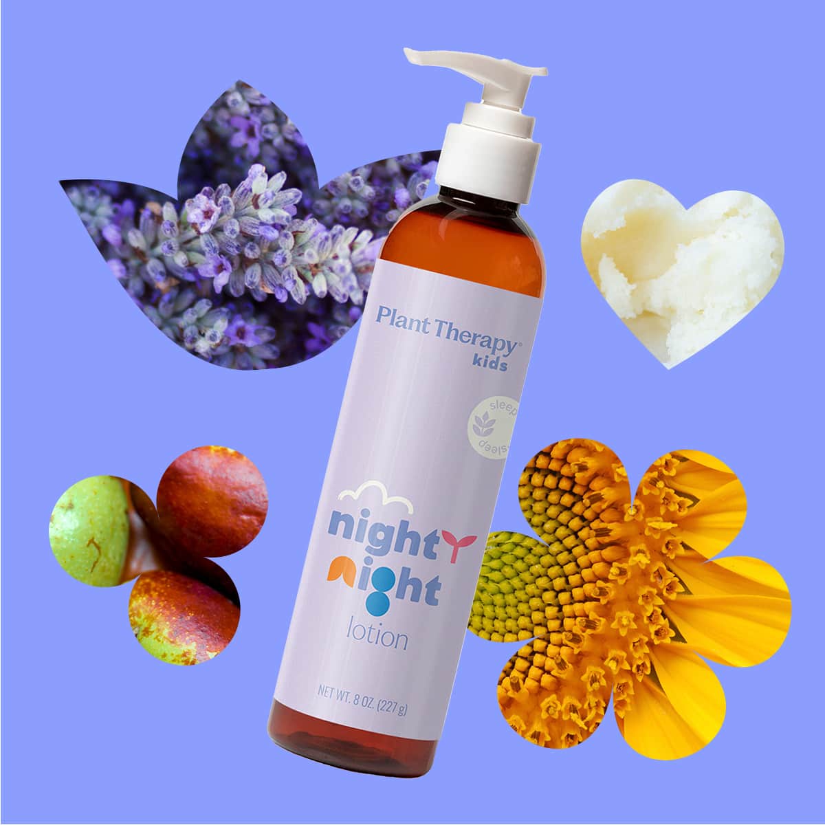 Lotion bottle tilted against blue background surrounded by lavender, shea butter, and chamomile
