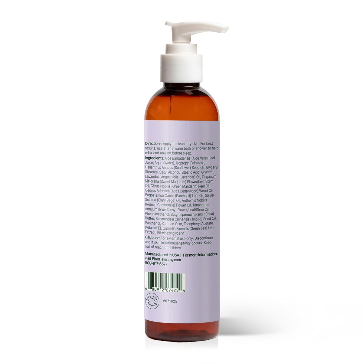 Back of bottle showing ingredient list, barcode, and cruelty-free logo on purple label