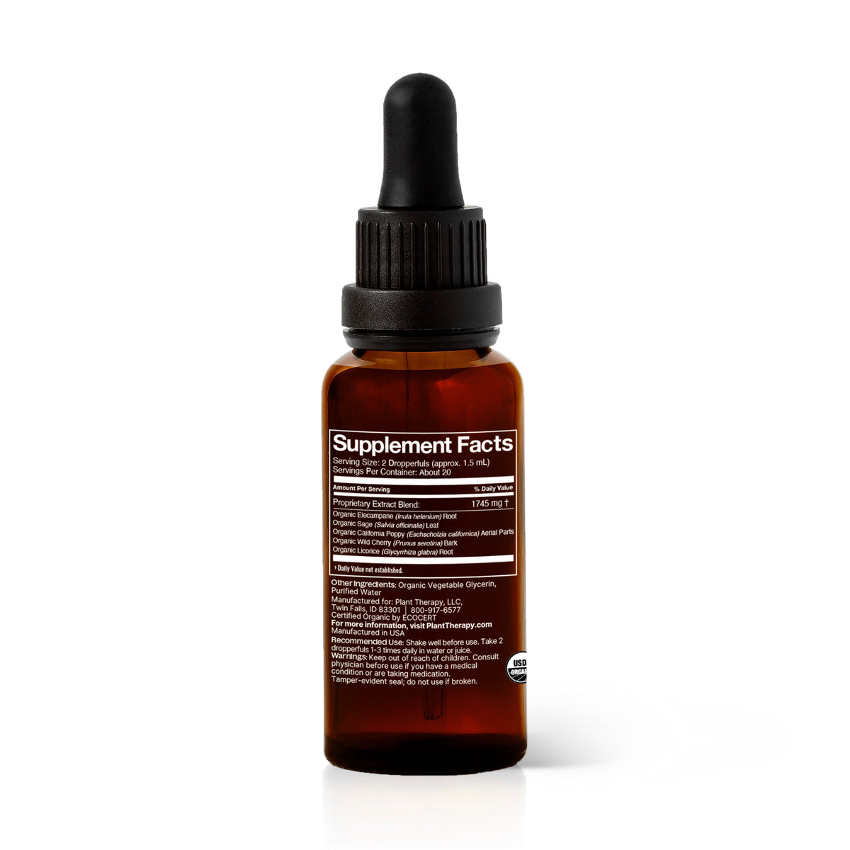 Back of amber bottle displaying Supplement Facts label and USDA Organic certification seal on white surface