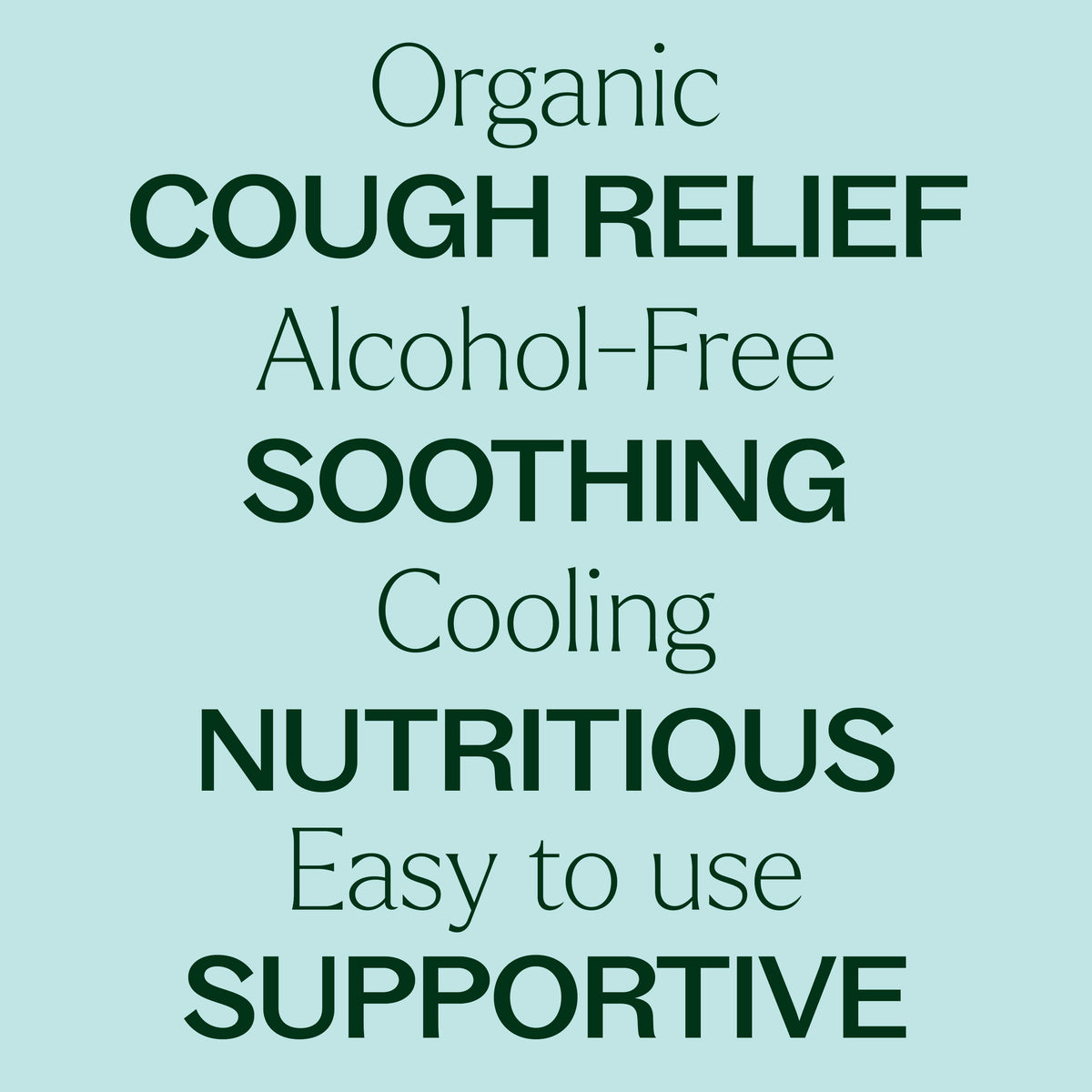 Light teal background with dark green text listing attributes like Organic, Alcohol-Free, and Soothing