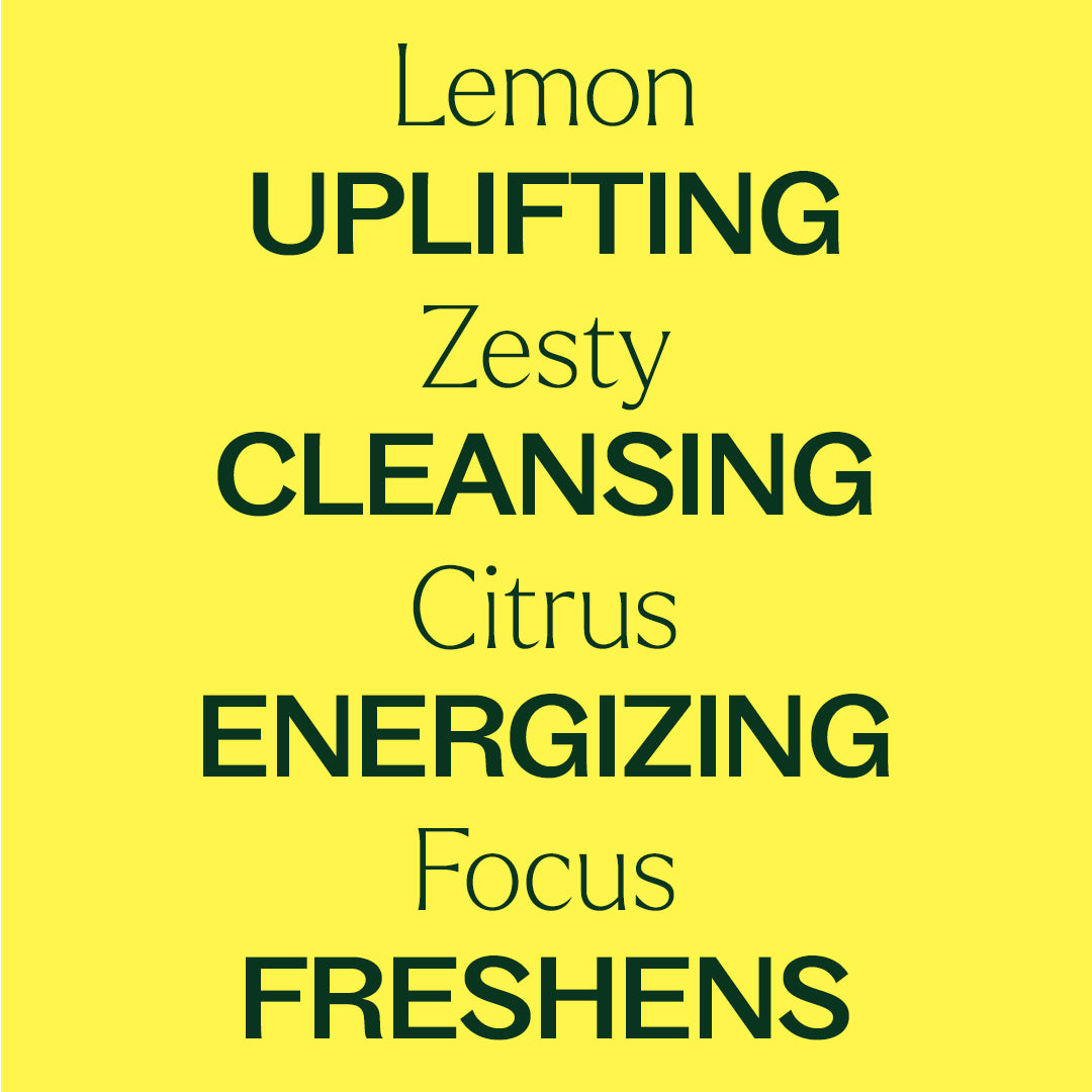 Typographic graphic listing uplifting zesty cleansing citrus energizing focus and freshens attributes