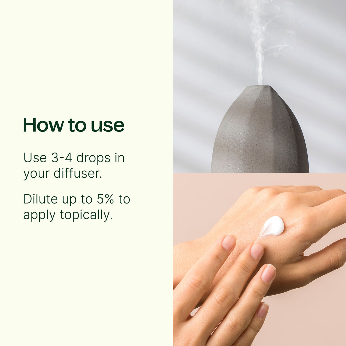 Instructional graphic showing grey diffuser emitting steam and hands applying lotion