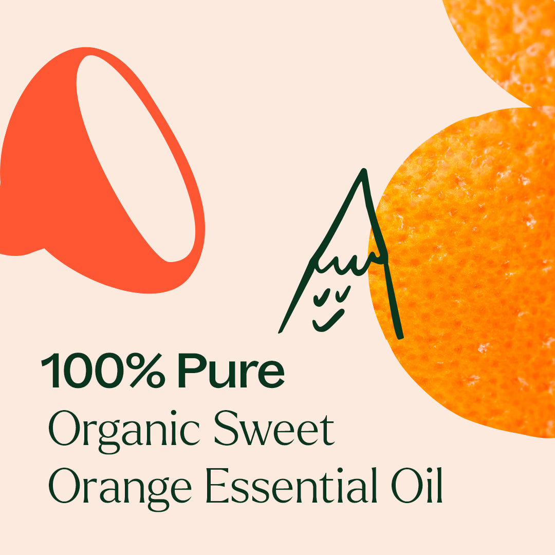 Graphic design with orange peel icon and green mountain art reading 100% Pure Organic Sweet Orange