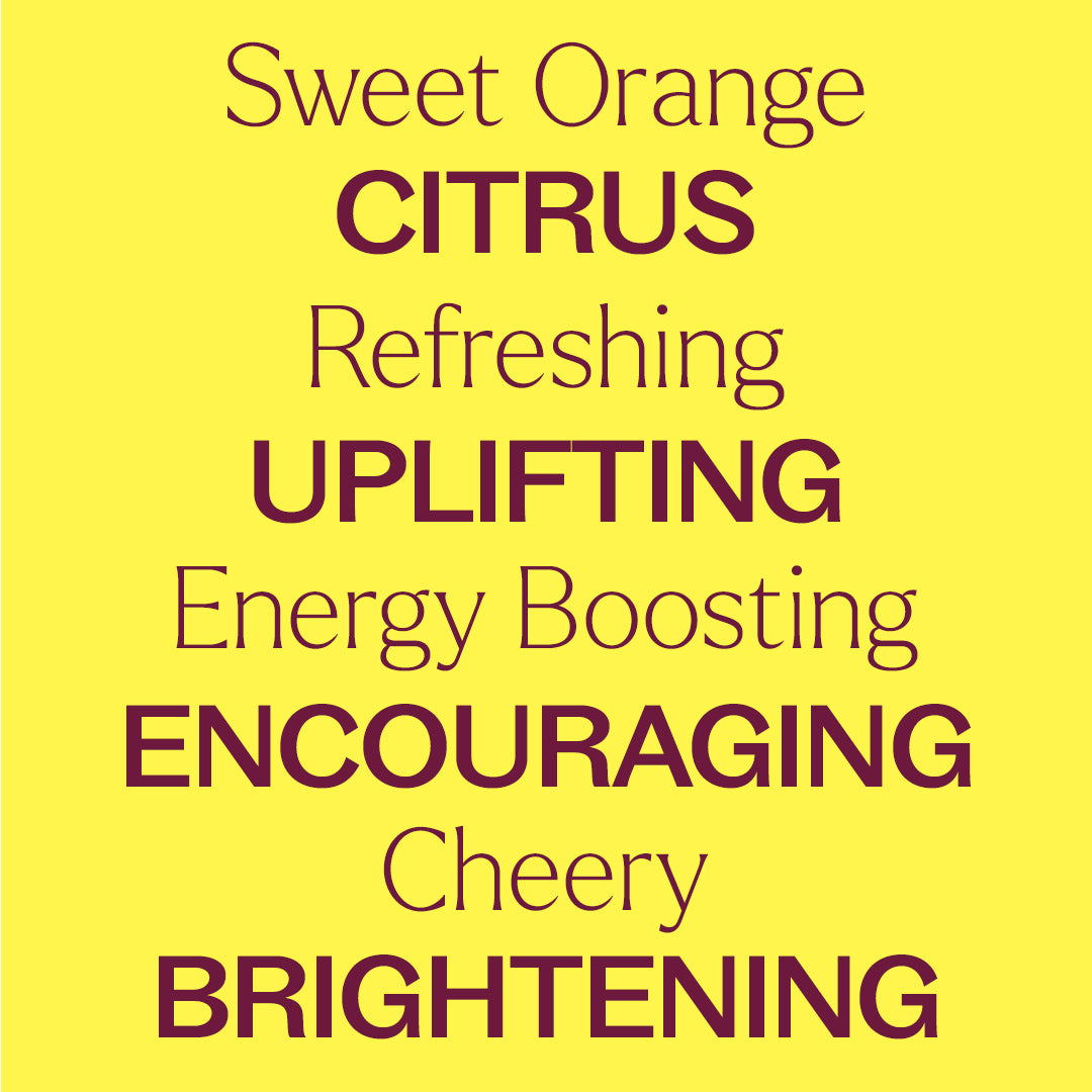 Yellow graphic listing citrus scent benefits like uplifting and refreshing in maroon text