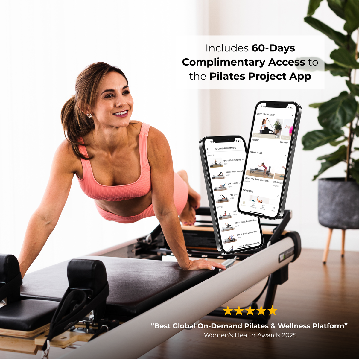 Woman in pink activewear performing plank on reformer in home setting, with floating smartphone screens displaying app