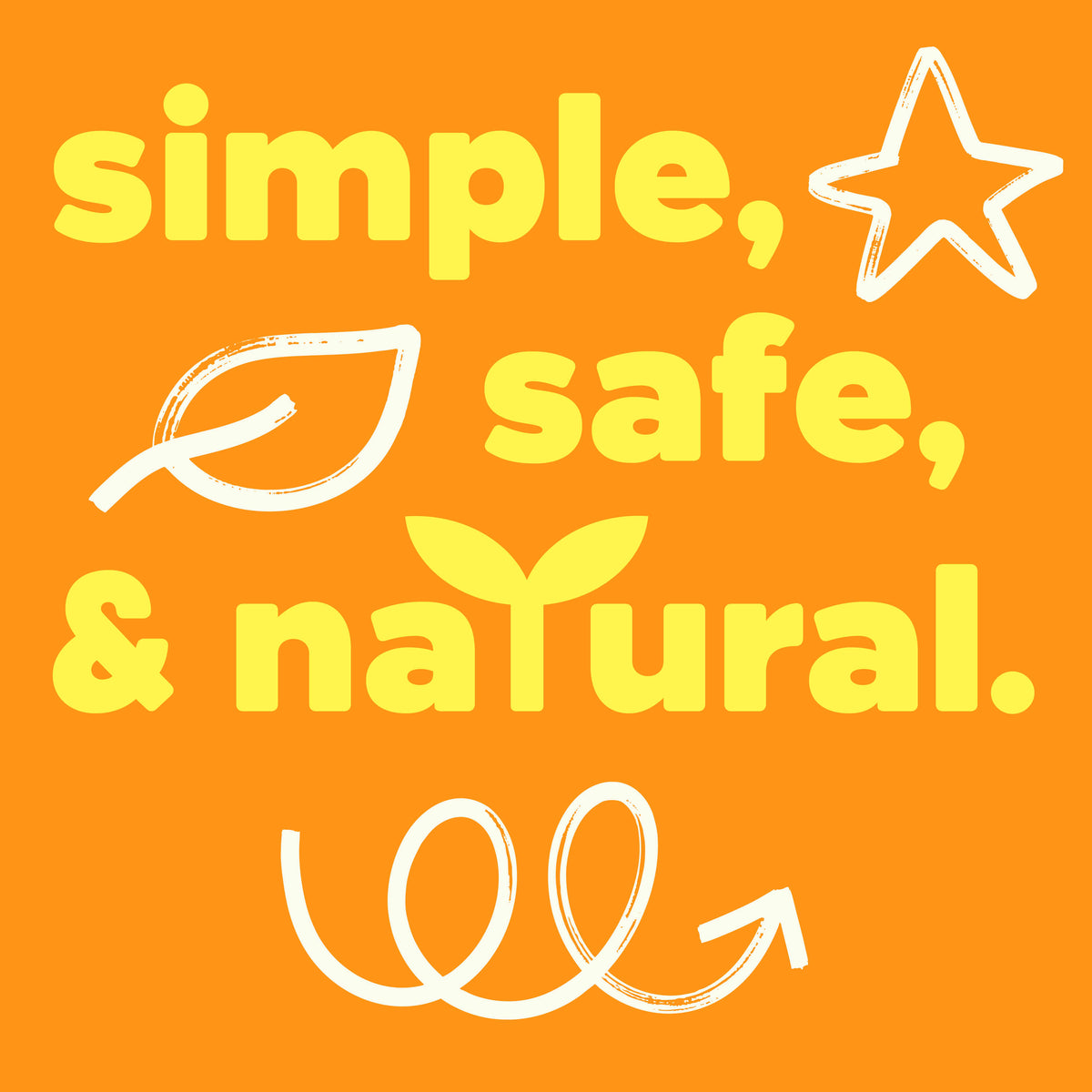 Orange slide with yellow text simple safe natural and illustrations of star and leaf