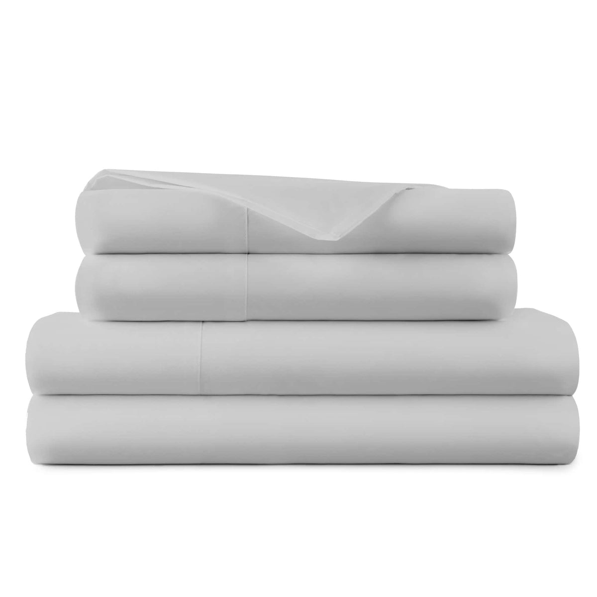 Folded light grey 270 TC percale sheet set with smooth matte finish on white