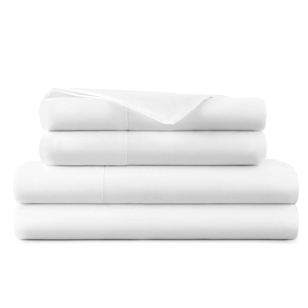 Folded stack of white 270 TC percale sheets revealing matte cotton texture