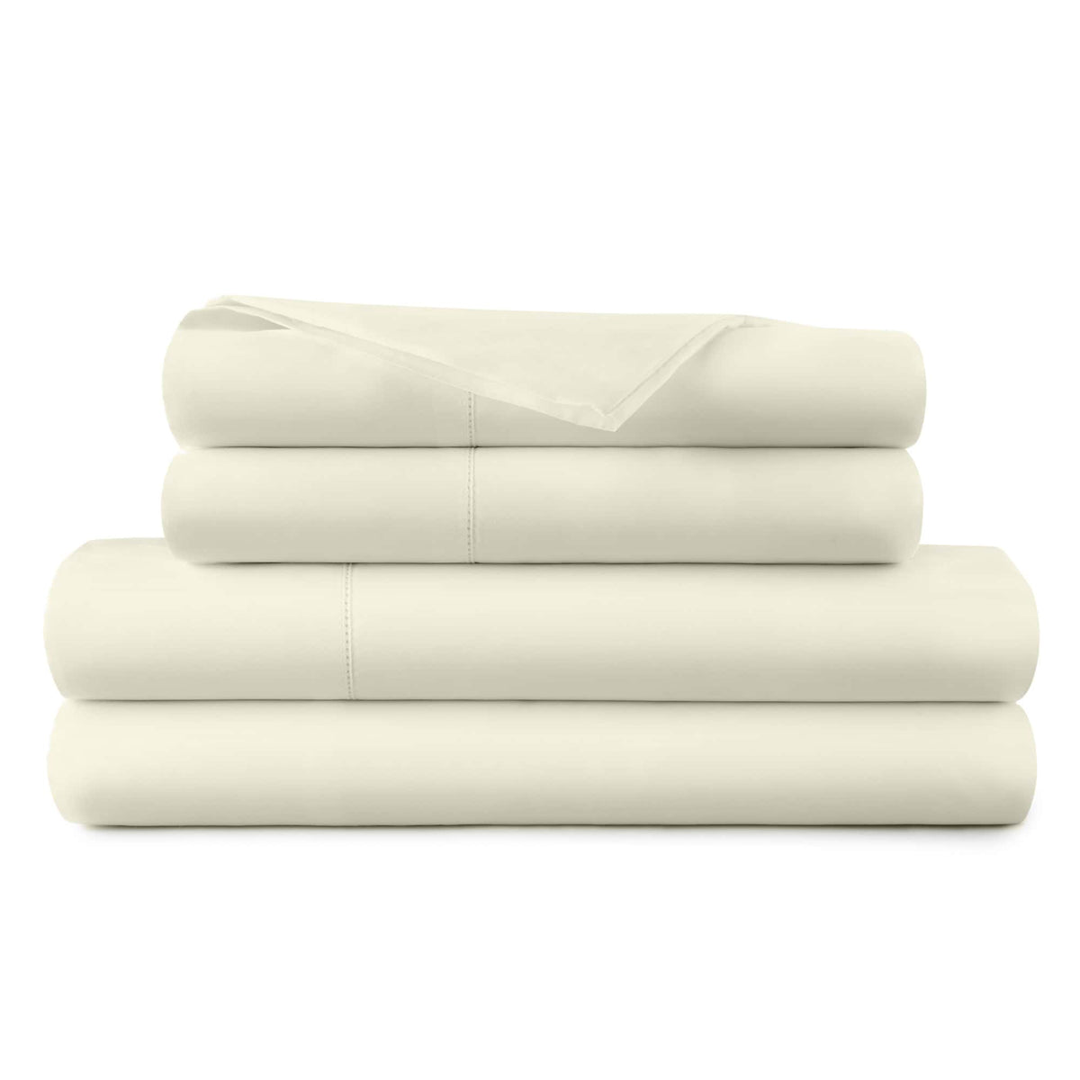 Folded cream off-white sheet set with visible picot embroidery edges on white background