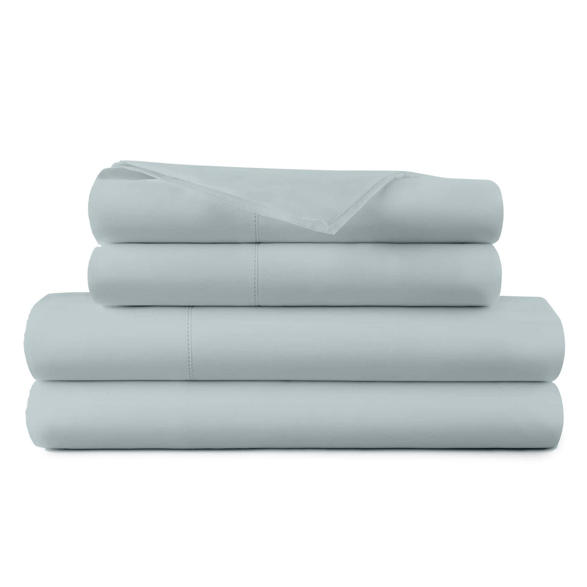 Stacked light blue-grey folded sheet set showcasing percale weave and embroidered trim