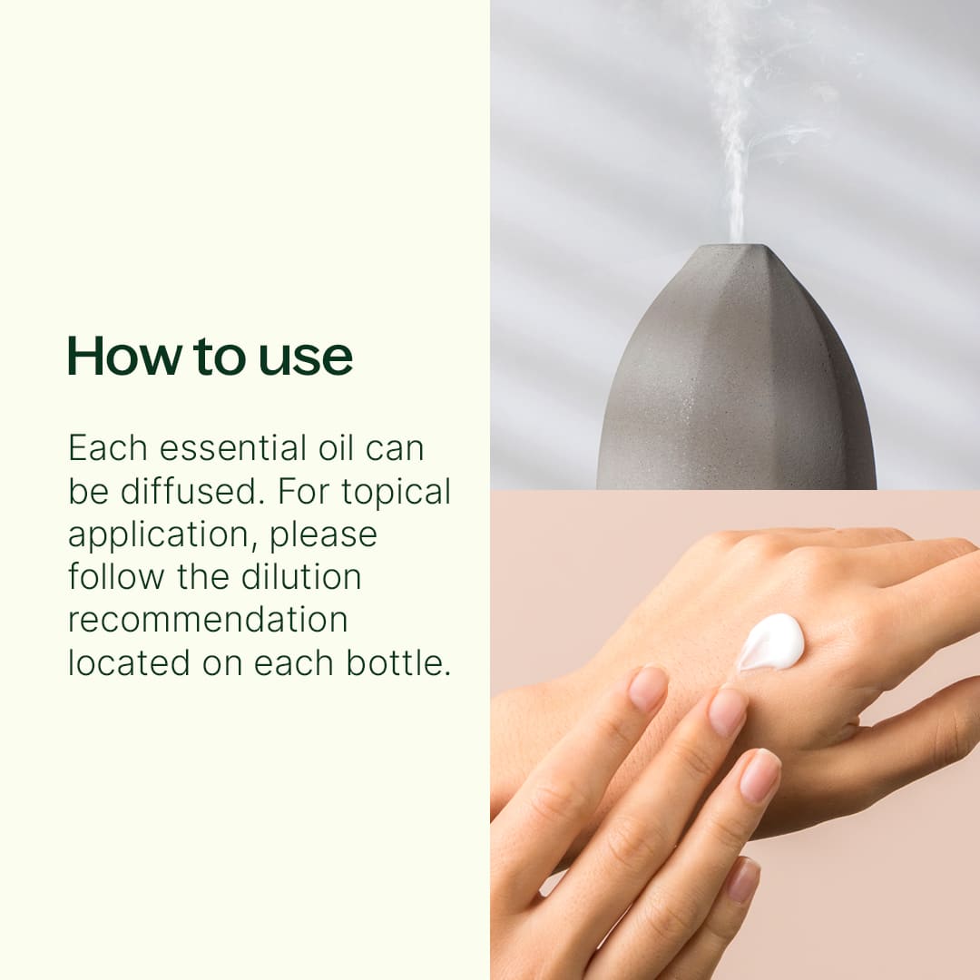 Instructional graphic showing diffuser steam and hand applying lotion alongside text explaining how to use essential oils for