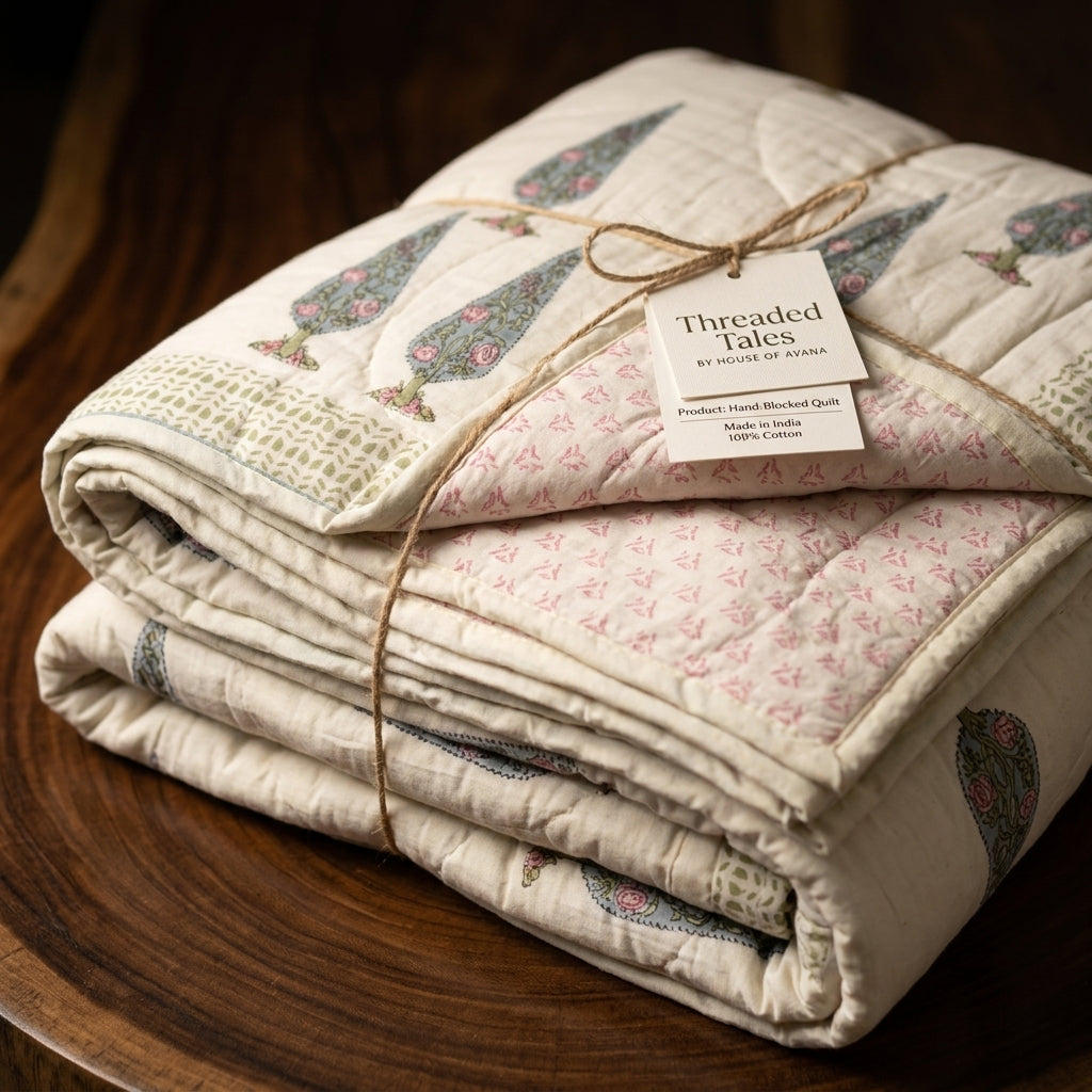 Folded hand block printed quilt tied with twine showing pink reverse side and cotton tag