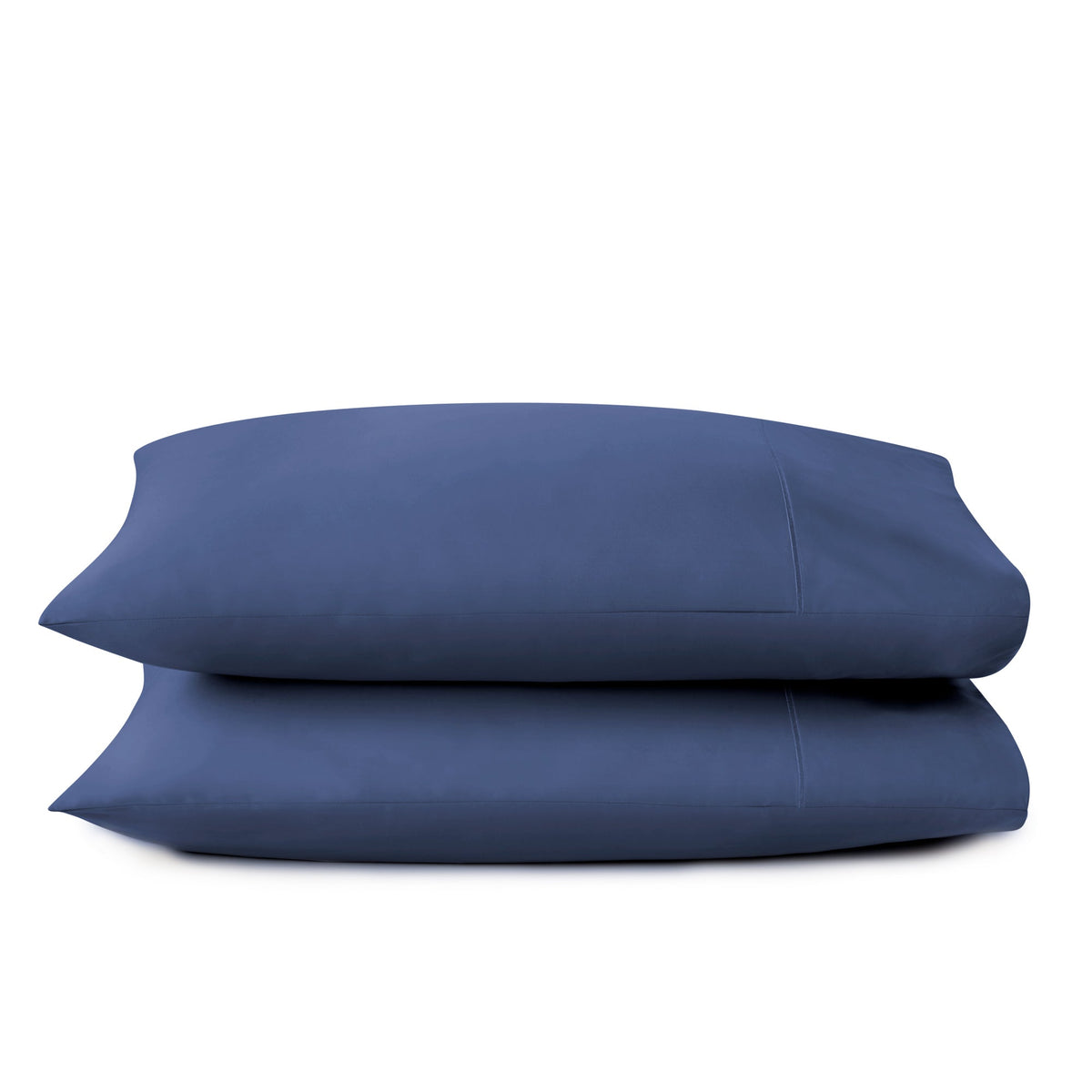 Navy blue 300 TC sateen pillowcases stacked with visible envelope closure seam on white background