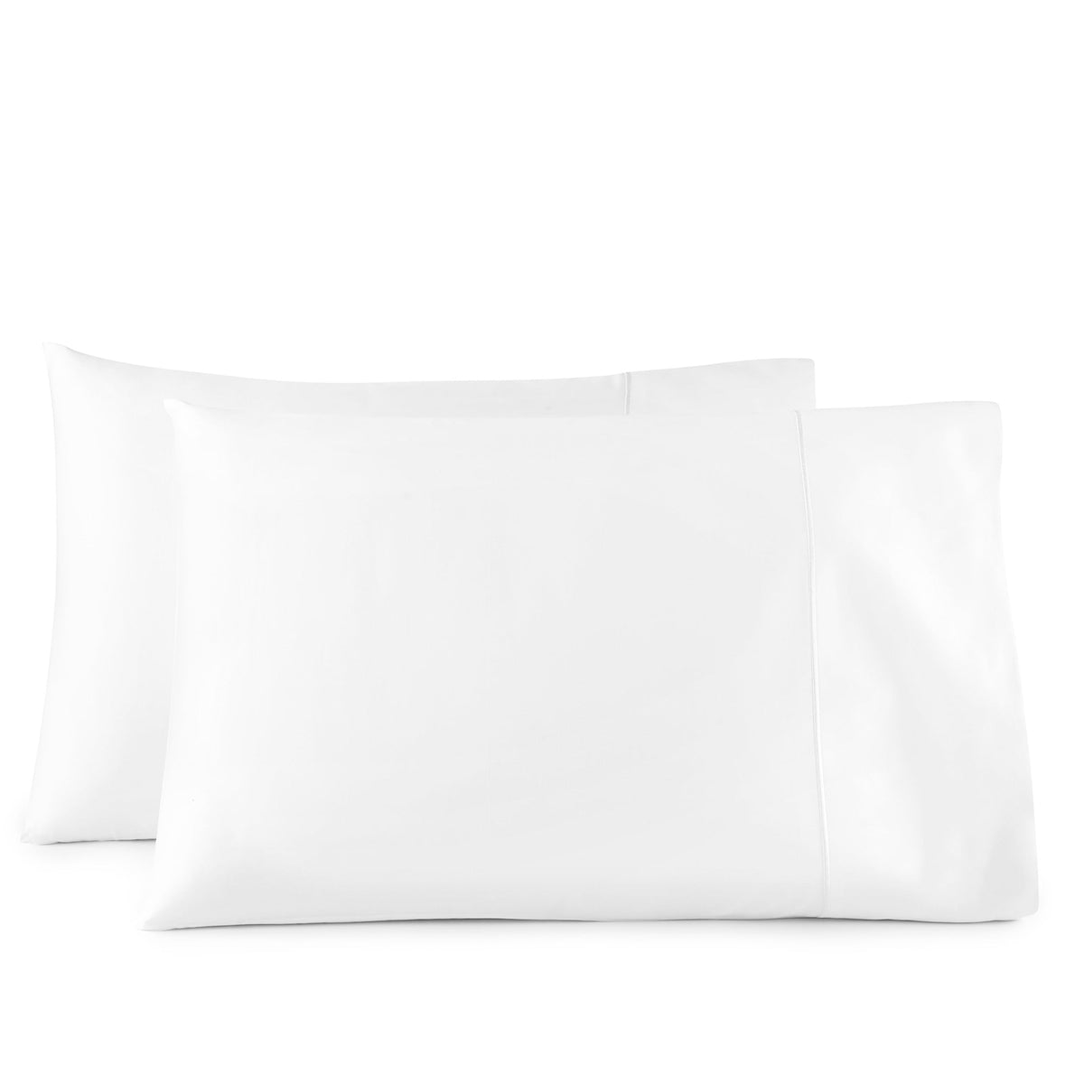 Bright white sateen pillowcases with soft sheen in studio setting