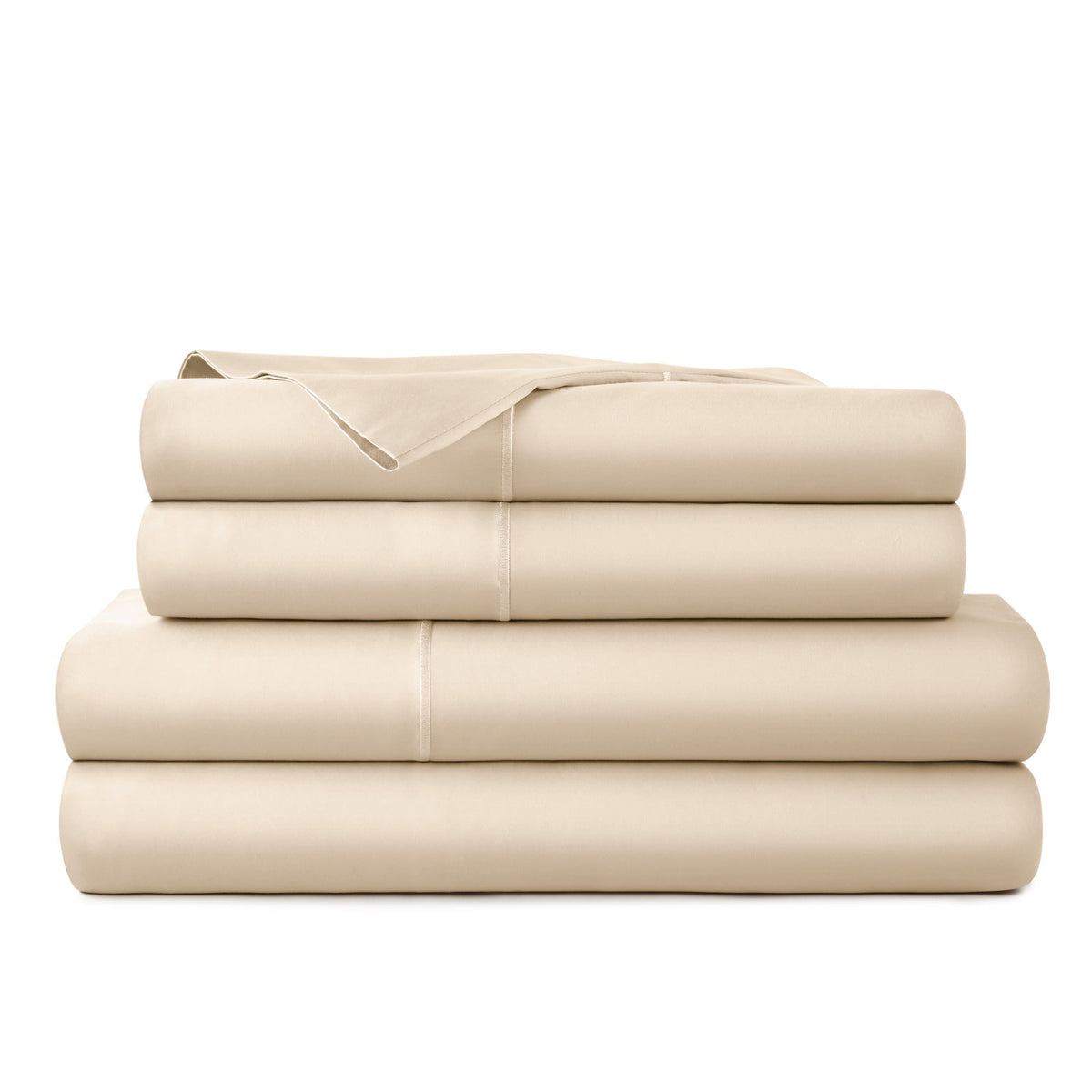 Neatly folded beige sheet set stack displaying flat sheet, fitted sheet, and pillowcases with visible side piping