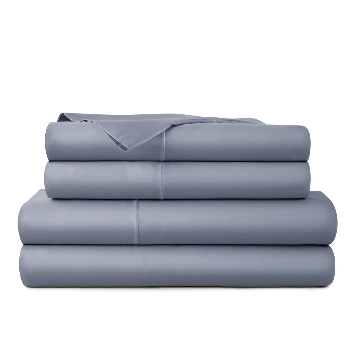 Folded stack of muted slate blue Whisper Organics 300TC sateen sheet set exhibiting premium silky sheen and tailored edges
