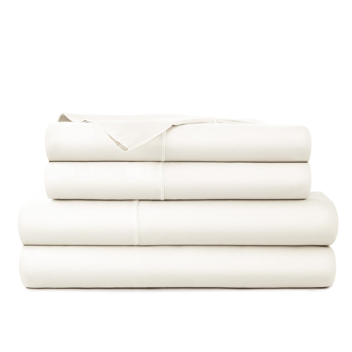 Stack of cream organic cotton sateen sheet set with smooth texture and clean hem stitching on white background