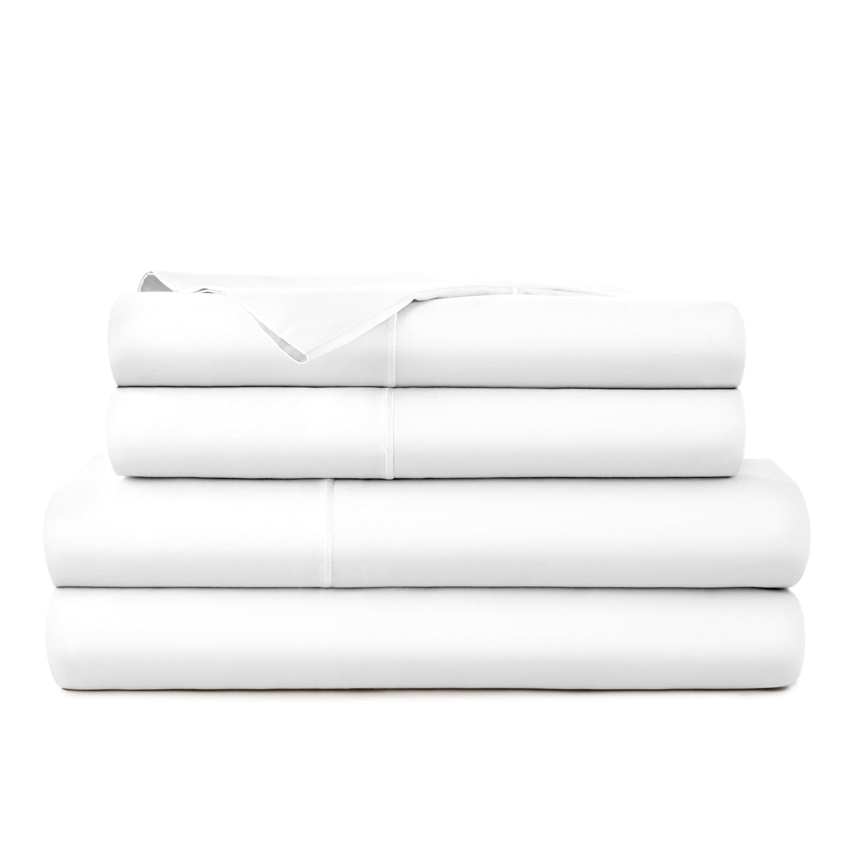 Studio shot of neatly folded white sheet set highlighting clean aesthetic, uniform folding, and subtle seam detailing