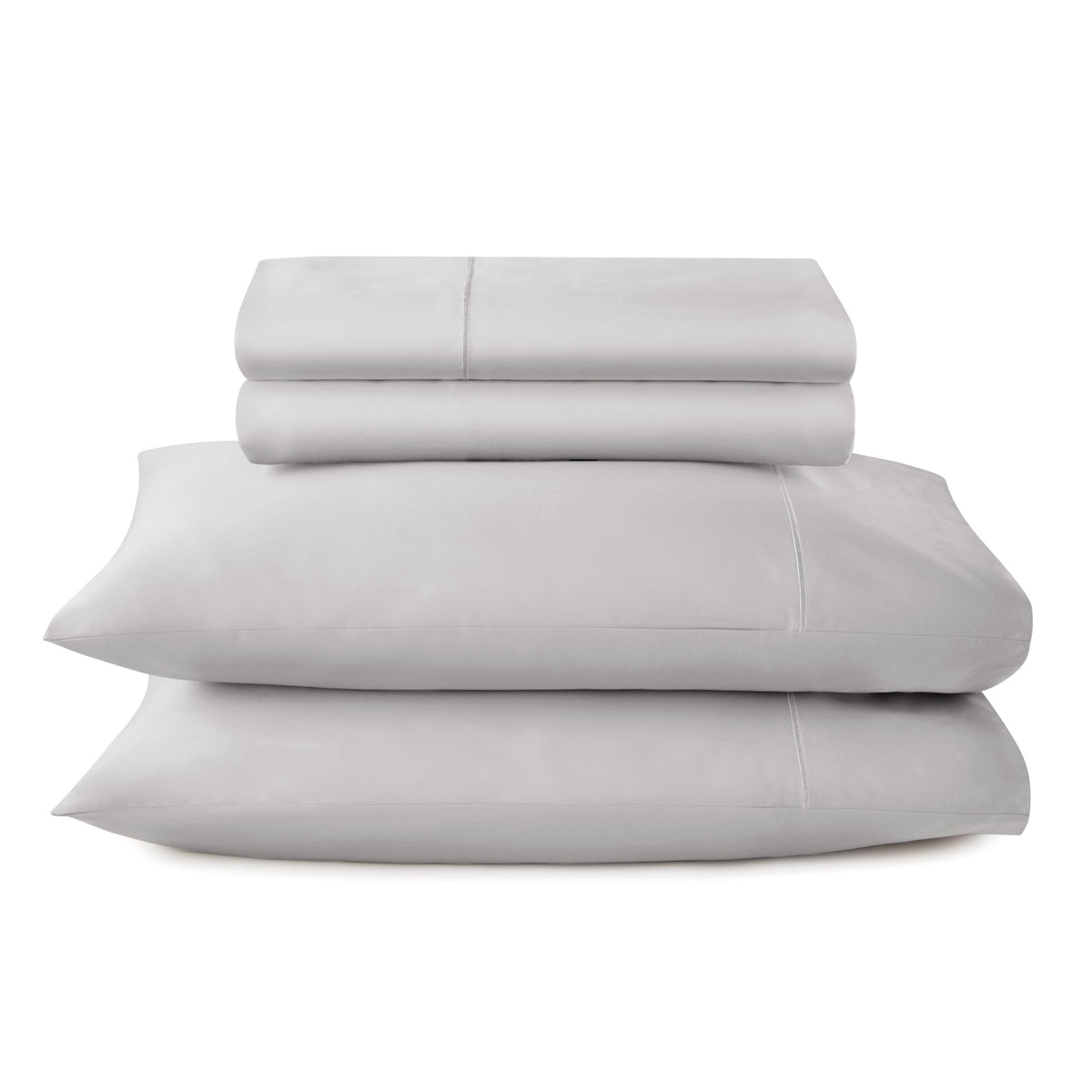 Stacked light grey organic cotton sateen sheets with folded flat sheet and subtle stitched border