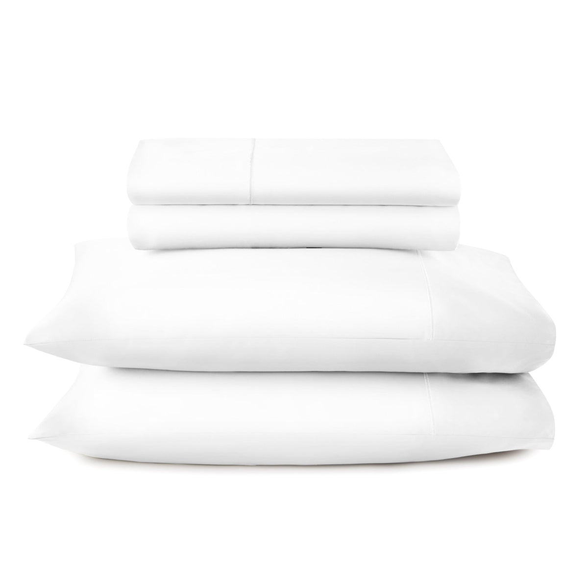 Pristine white hypoallergenic sateen sheet stack emphasizing fine weave texture
