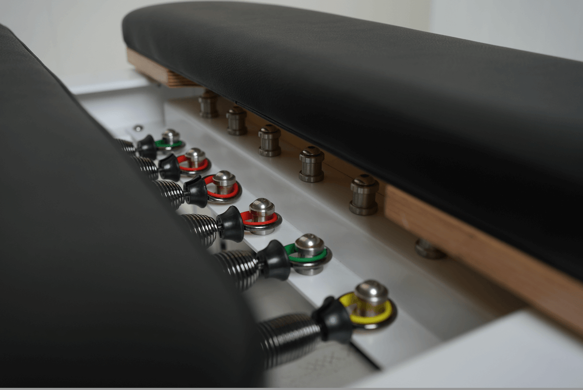 Macro shot of six silver resistance springs with red, green, and yellow color-coded rings under black upholstery.