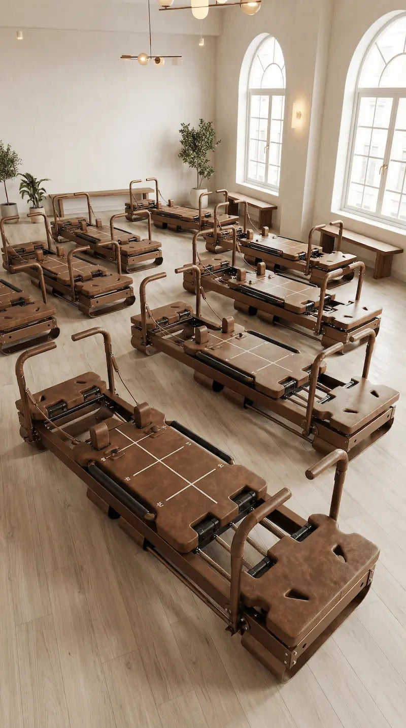 Rows of brown leather-cushioned Sculptformer machines on light wood flooring in a bright studio with arched windows