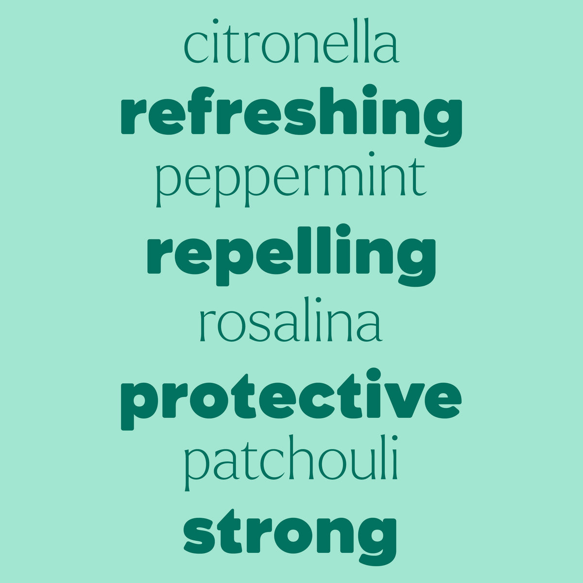 Mint green graphic listing ingredients like citronella and peppermint in alternating dark green fonts