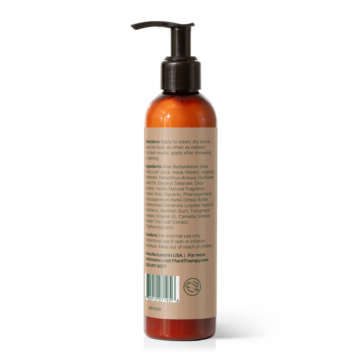 Back of amber bottle displaying ingredient list, barcode, and cruelty-free logo