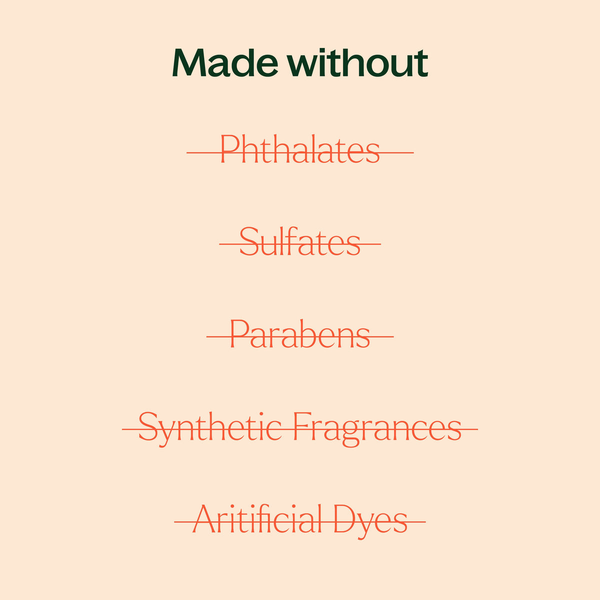 Peach graphic listing crossed-out ingredients like parabens and sulfates in orange