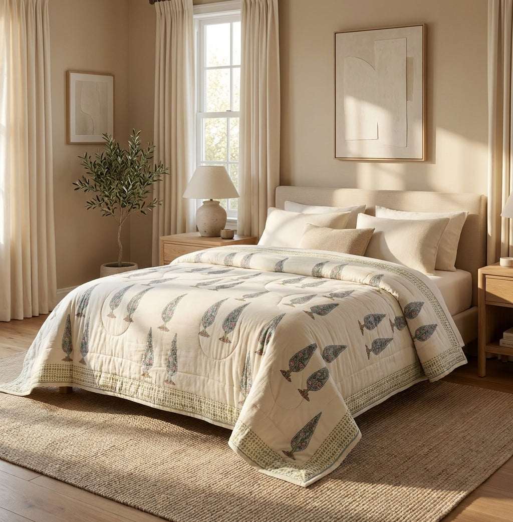 Cream Sanganeri comforter with sage green and rust floral tree motifs draped on a sunlit bed