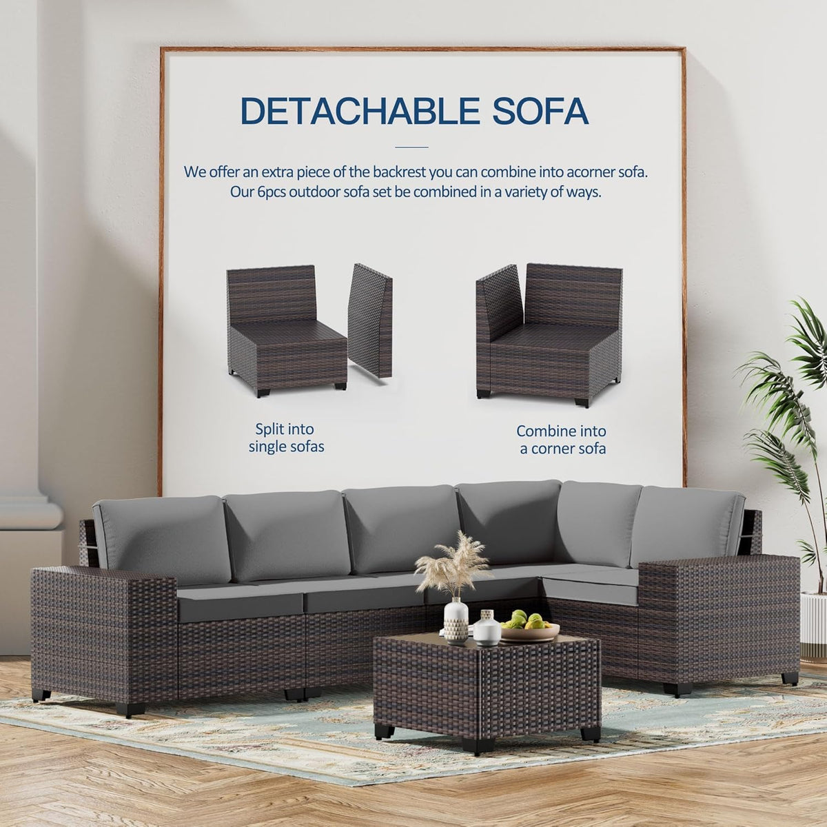 6PCS Outdoor Patio Furniture Set PE Wicker Rattan Sectional Sofa