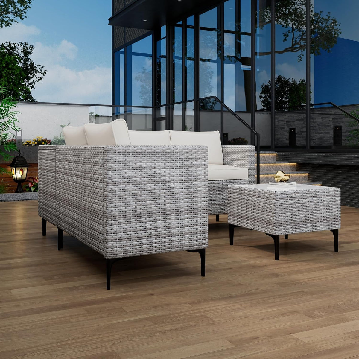 Outdoor Wicker Patio Conversation Set with Storage, PE Rattan Sofa
