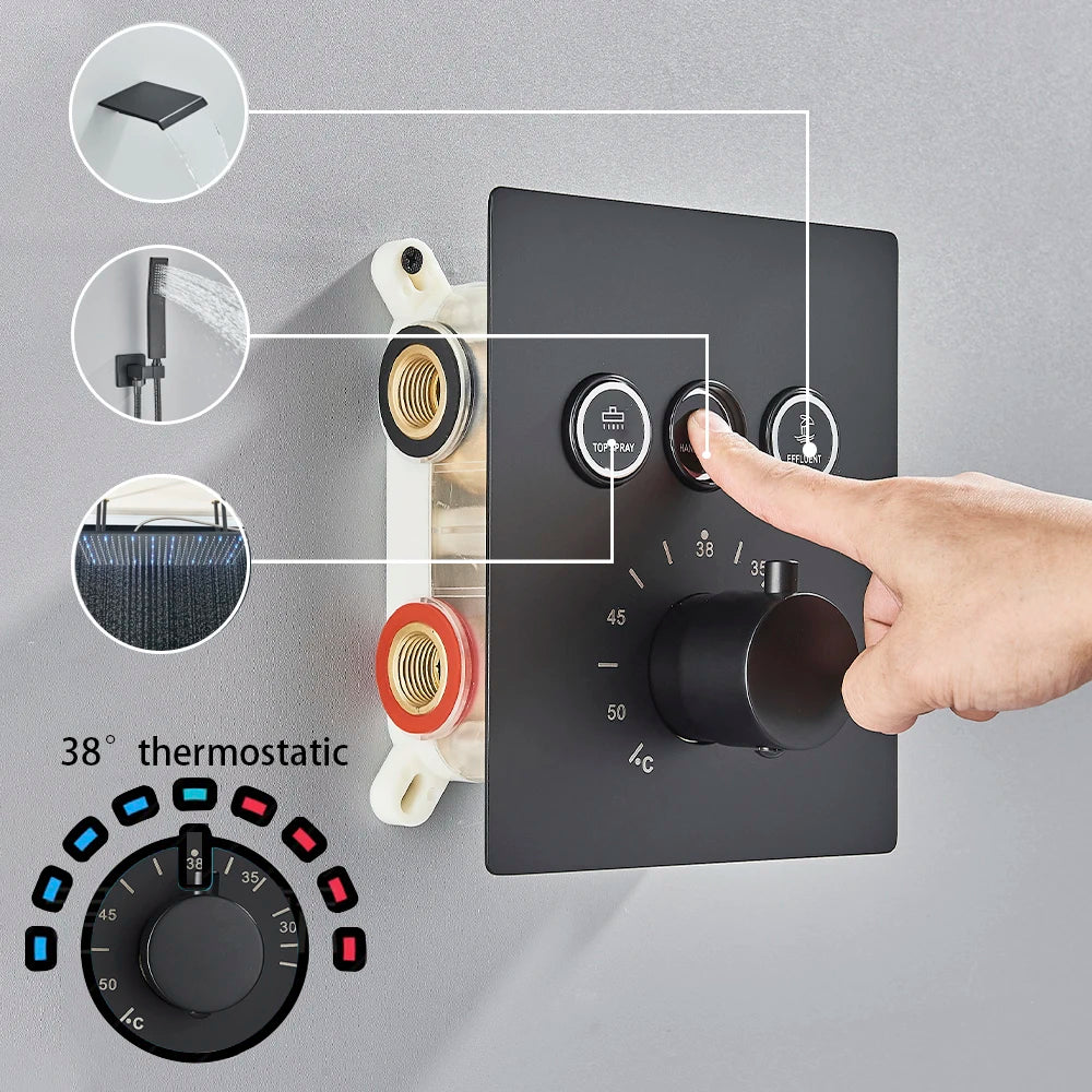 Ceiling Shower Faucet Big Rainfall LED Shower Head Concealed Shower System Black Embedded Shower