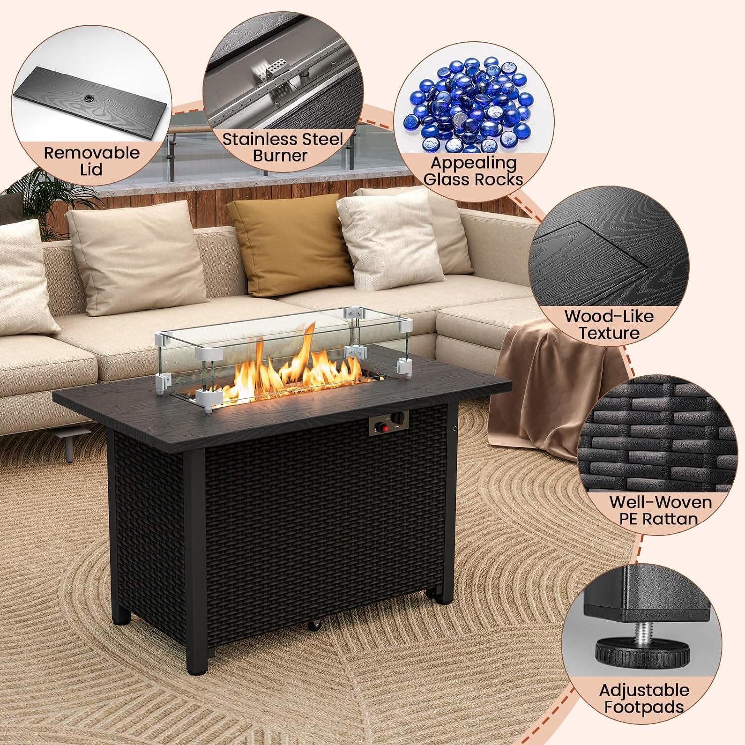 Outdoor Propane Fire Pit Table, 42 Inch Rectangular Rattan Fire Table with Wind Guard & Glass Rocks, 50,000 BTU Smokeless Gas Fire Pit for outside Patio (Black)