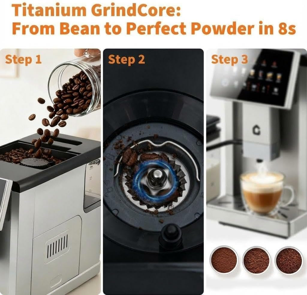 Super Automatic Espresso Machine with Built-In Grinder & Milk Frother, 20 Bar Dual Boiler Coffee Maker for 7 Drinks, Self-Cleaning System and Maintenance Alerts, Home Cappuccino & Latte Machine,Silver