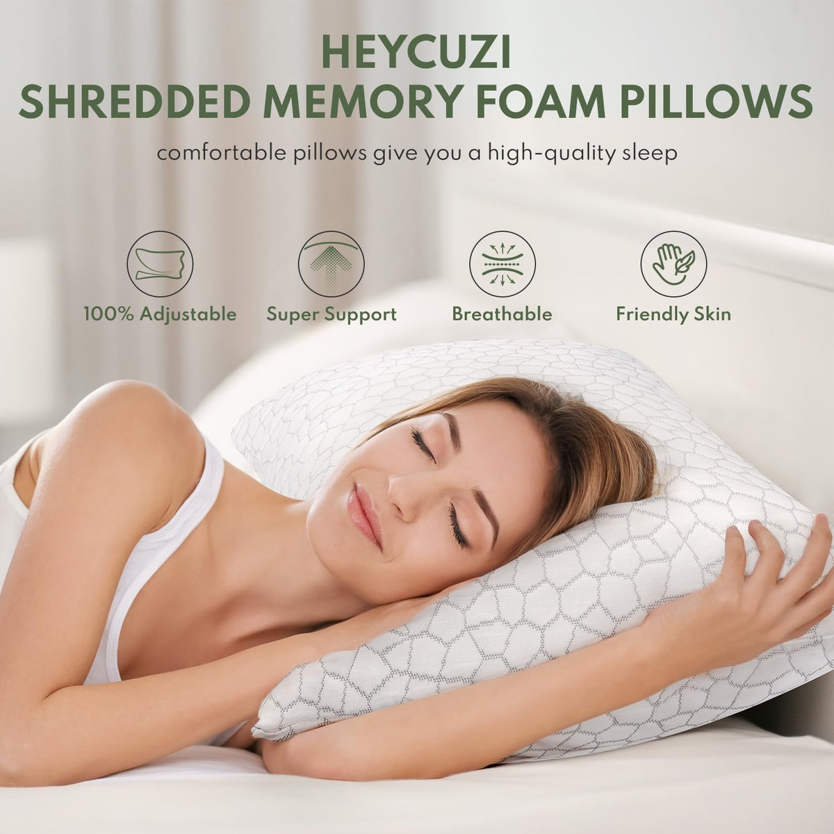Pillows Queen Size Set of 2 - Cooling Shredded Memory Foam Pillow for Sleeping 2 Pack, Adjustable Cool Bed Pillows for Side, Back, and Stomach Sleepers, Gel Pillow Washable Removable Cover