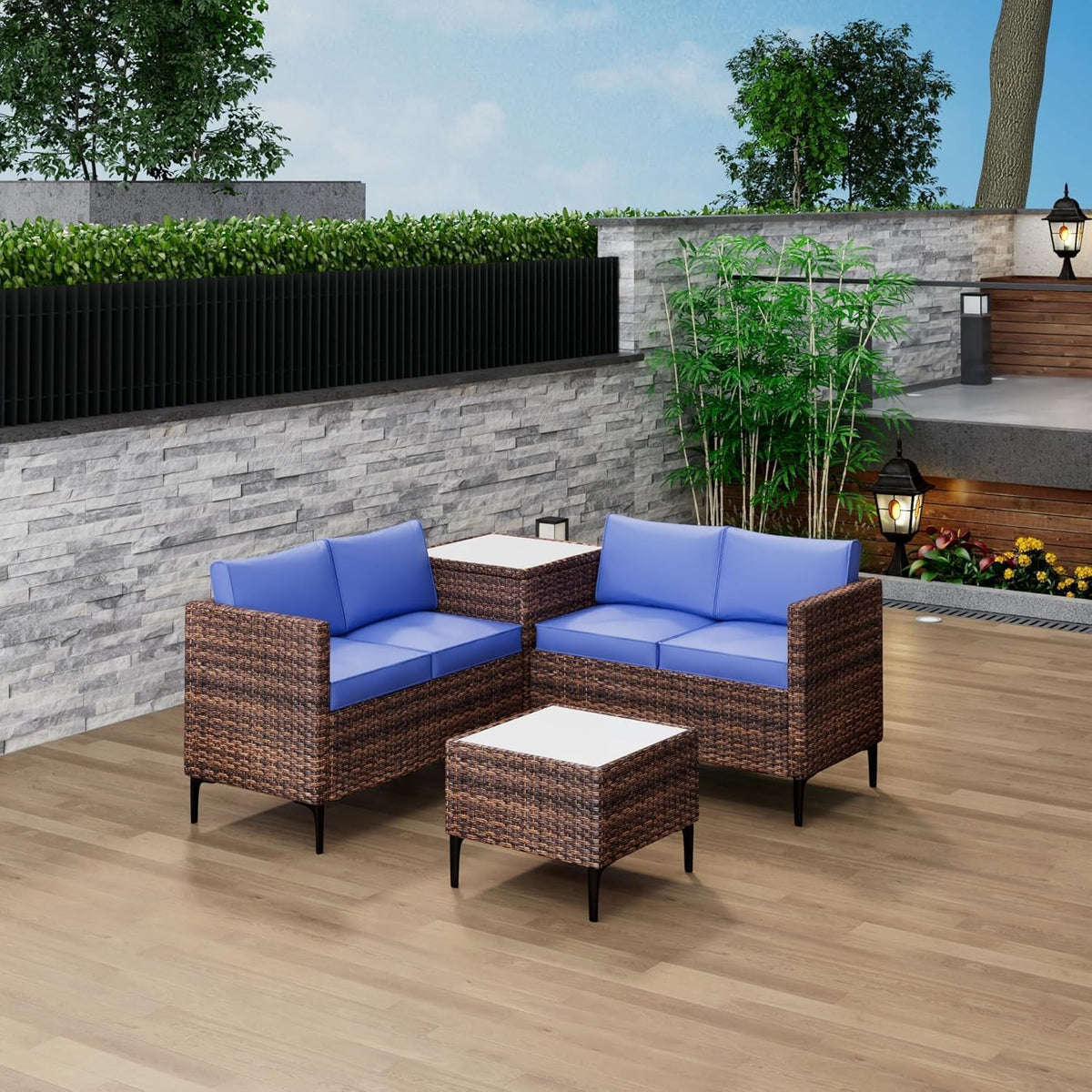 Outdoor Wicker Patio Conversation Set with Storage, PE Rattan Sofa