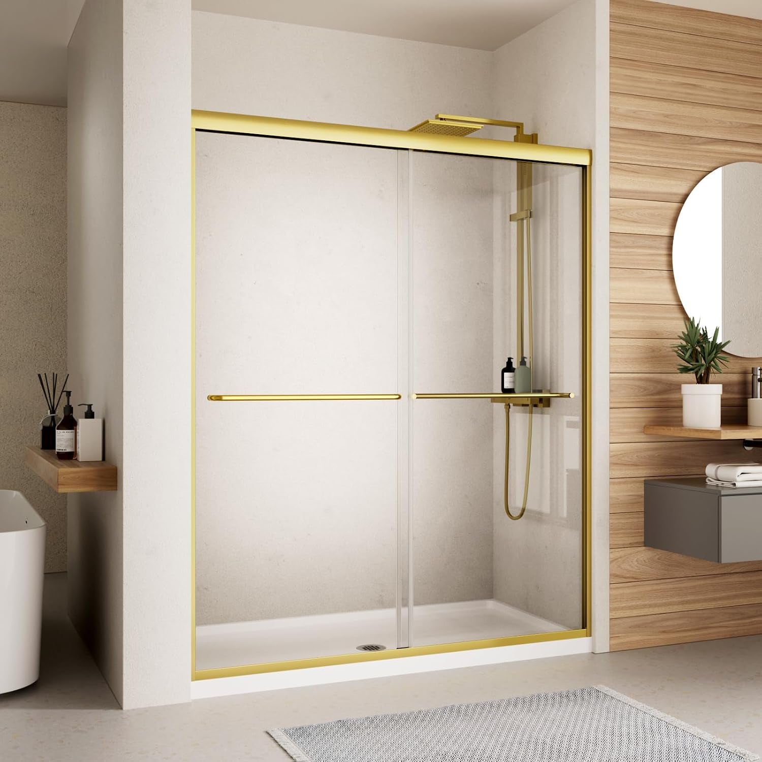 Double Sliding Shower Door,44-48" W X 70" H，Brush Gold