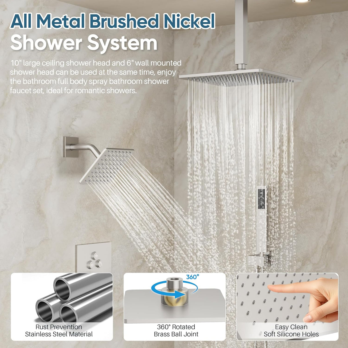 Brushed Nickel Shower System, Dual Shower Head Combo with Handheld