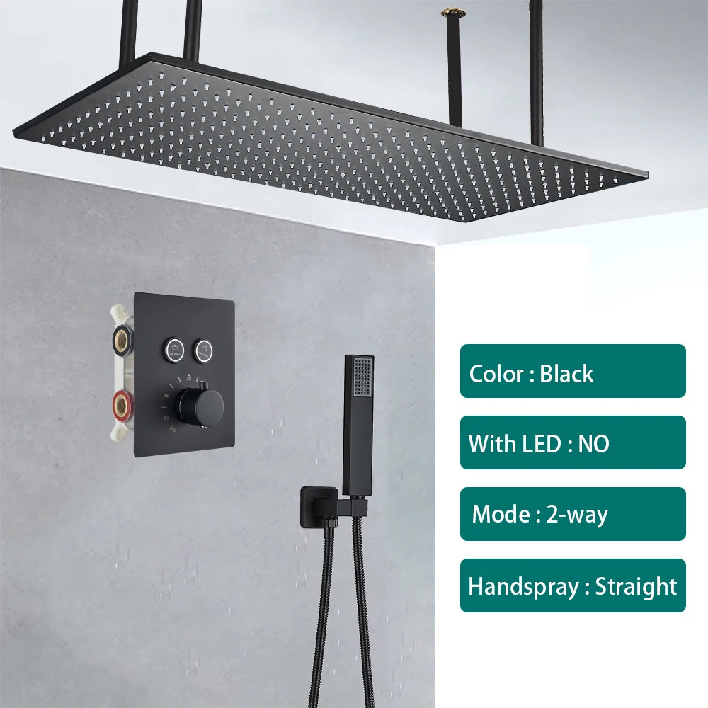 Ceiling Shower Faucet Big Rainfall LED Shower Head Concealed Shower System Black Embedded Shower