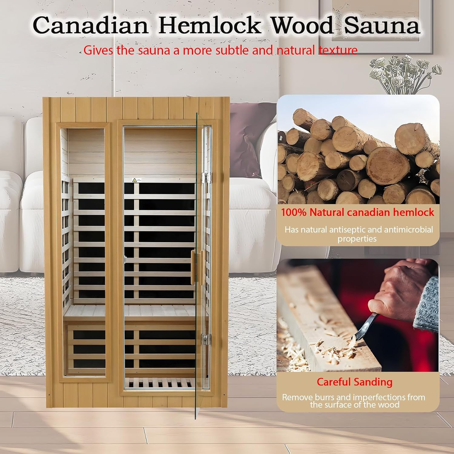 2 Person Sauna with Side Glass Window, Low EMF Indoor Infrared Saunas for Home, 1500W Hemlock Wood Personal Sauna with 5 Heating Panels, Blue-Tooth, 2 LED Reading Lamps, Control Panel