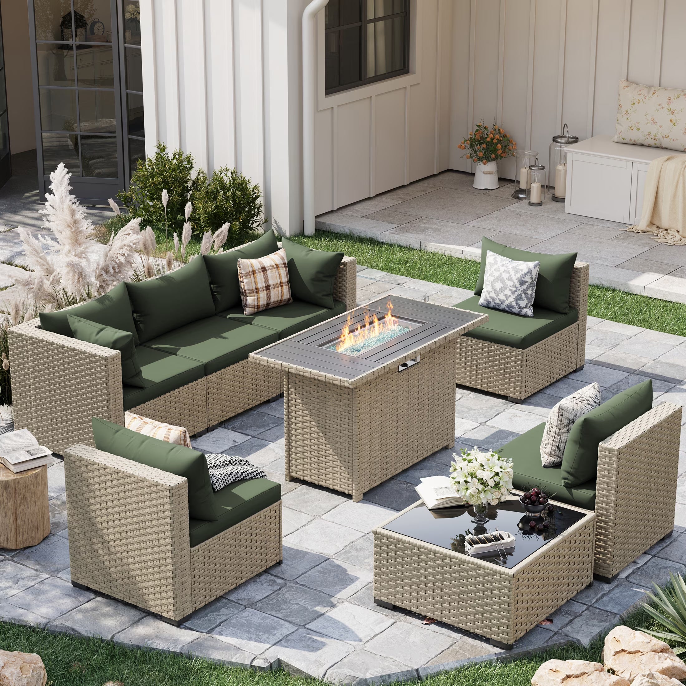 Outdoor Patio Furniture Set with Fire Pit Table, 8 Piece Outdoor Sectional Sofas, All-Weather Wicker Patio Conversation Set for Garden, Green