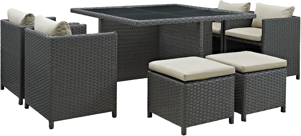 Sojourn Wicker Rattan Outdoor Patio Sunbrella Fabric, 9-Pc Dining Set in Antique Canvas Beige